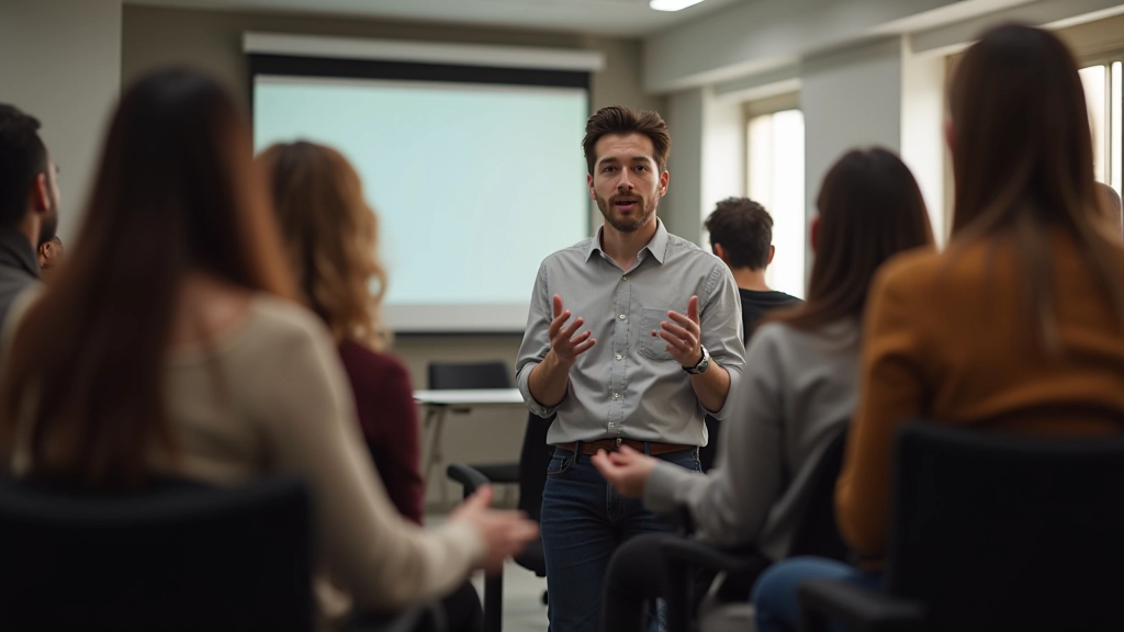 Sessione di allenamento comunicativo con gruppi che praticano presentazioni efficaci