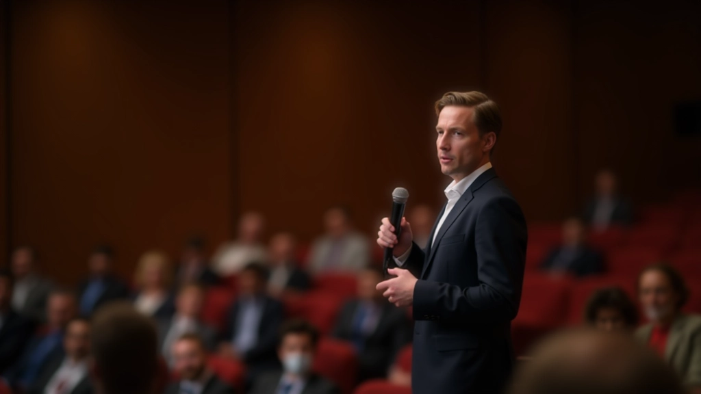 Professionista che comunica con fiducia davanti a una platea