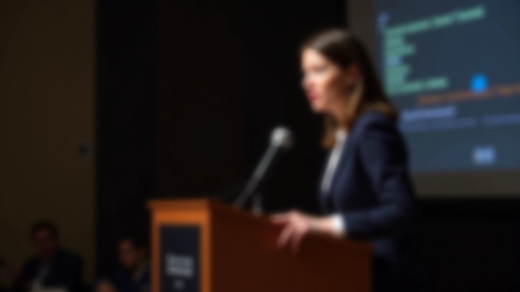 Donna che parla al microfono durante una conferenza con audience sullo sfondo sfocato