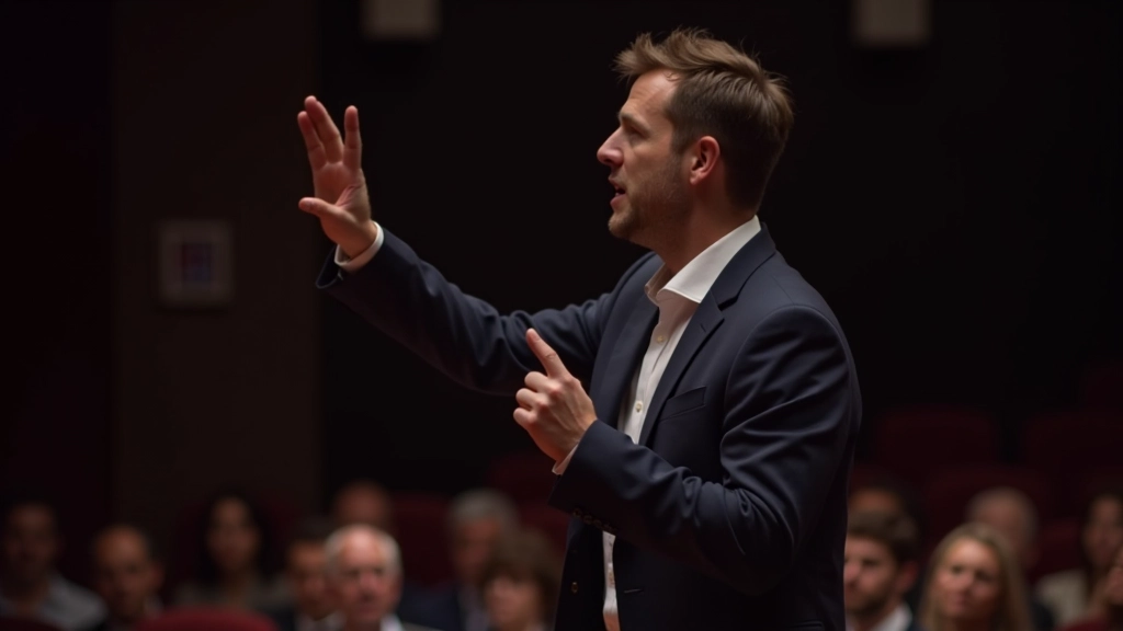 Relatore con braccio sollevato in gesto di conclusione, pubblico applaude in background