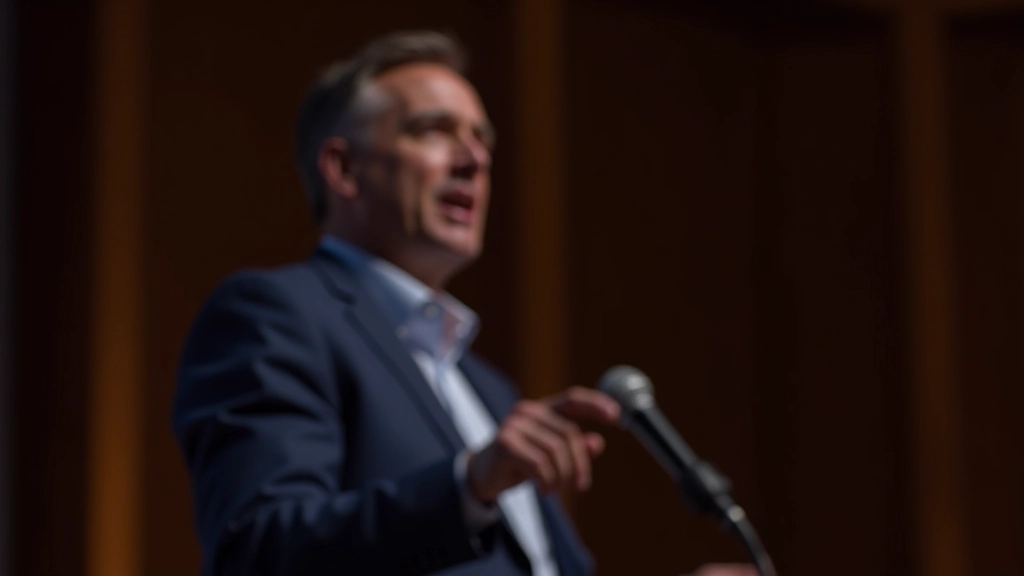 Relatore che guarda il pubblico durante l'apertura di un discorso, con espressione intensa e coinvolgente