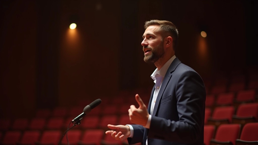 Relatore esperto che gesticola con sicurezza davanti a una platea attentissima durante una presentazione