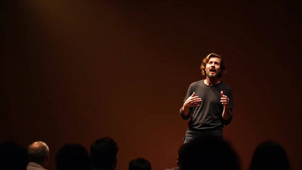 Narratore che gesticola espressivamente mentre racconta una storia a un pubblico attentissimo