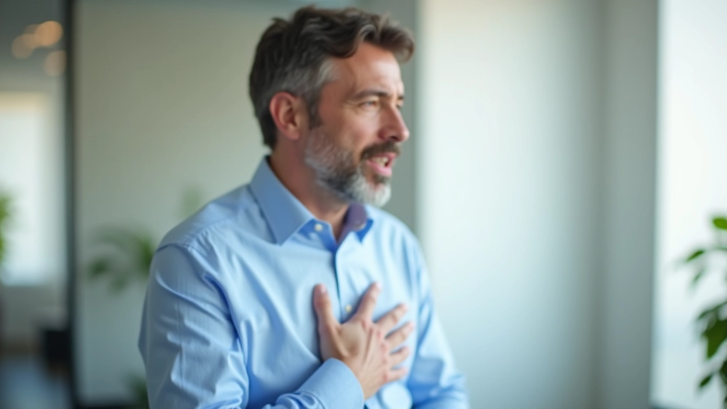 Uomo che pratica la respirazione diaframmatica prima di una presentazione