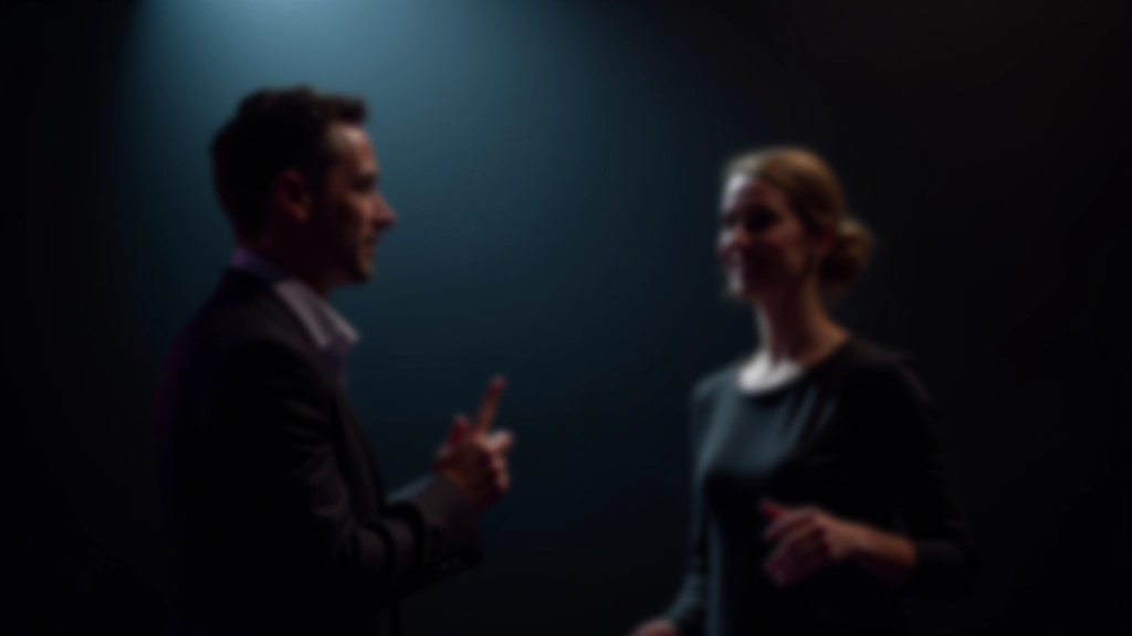 Allenatore di public speaking che dirige un'oratore durante una presentazione sul palco