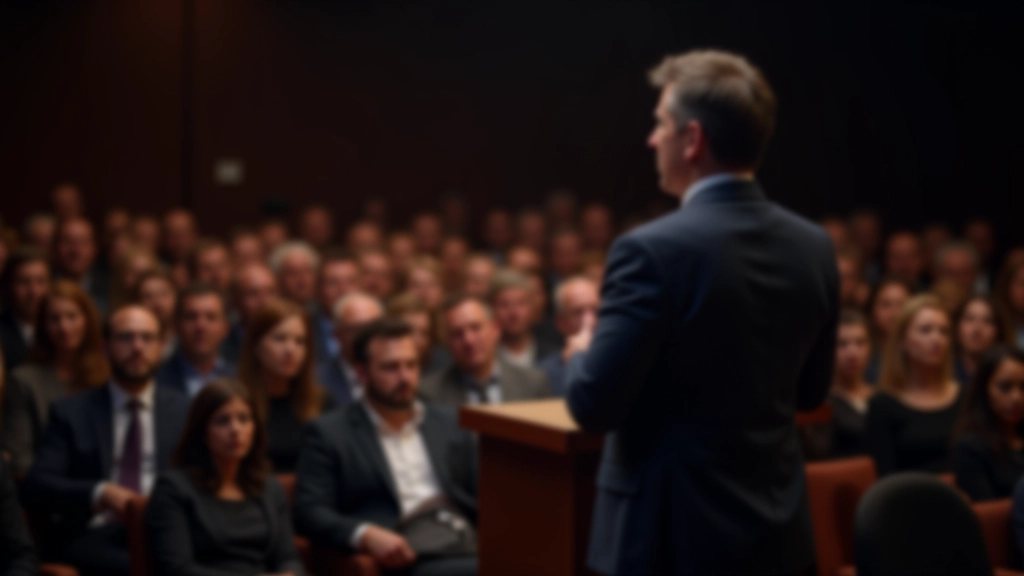 Relatore che fa contatto visivo diretto con persone specifiche nel pubblico durante una presentazione