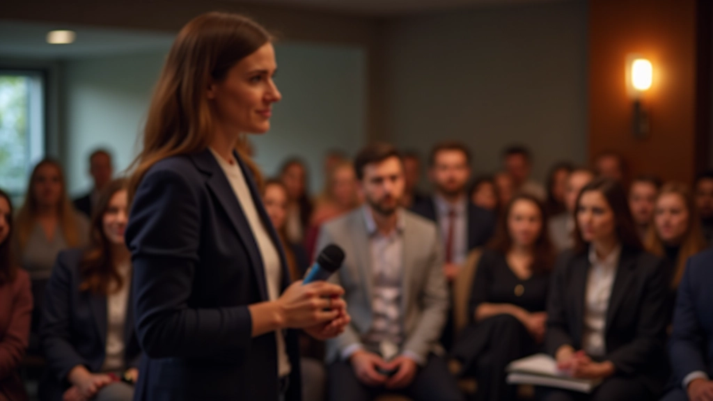 Relatore che stabilisce contatto visivo con persone diverse nel pubblico durante una presentazione