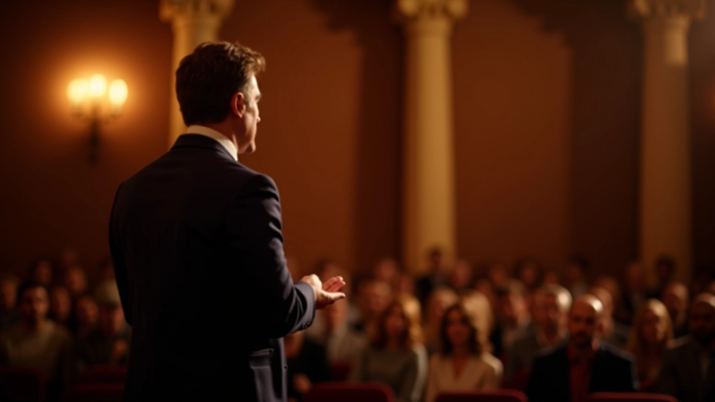 Relatore sul palco che parla a un pubblico attento
