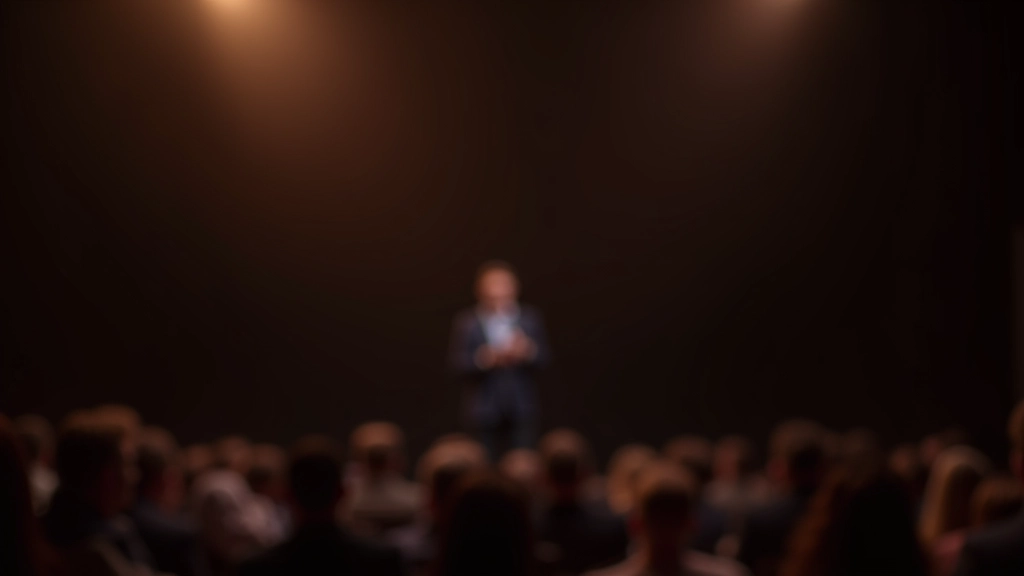 Relatore professionista in piedi su un palco durante una presentazione davanti a un pubblico attento