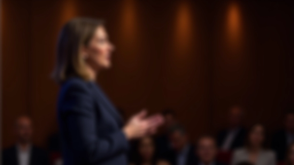 Donna in postura eretta che parla davanti a una platea in una sala conferenze