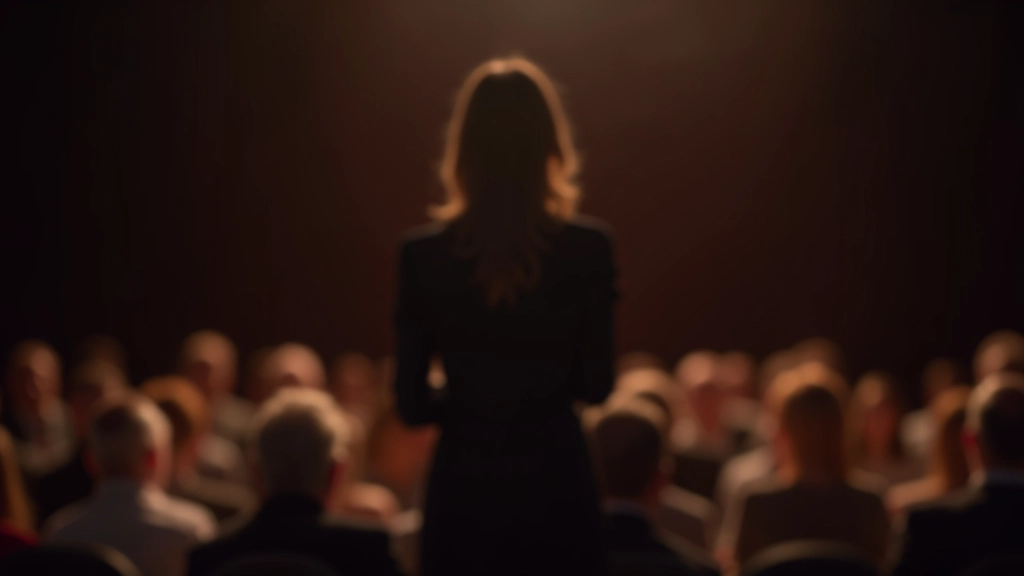Oratrice che cammina consapevolmente sul palco, mantenendo contatto visivo e linguaggio del corpo aperto con il pubblico