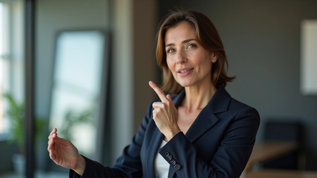 Oratrice che gesticola naturalmente durante una presentazione davanti a uno specchio per verificare il linguaggio del corpo
