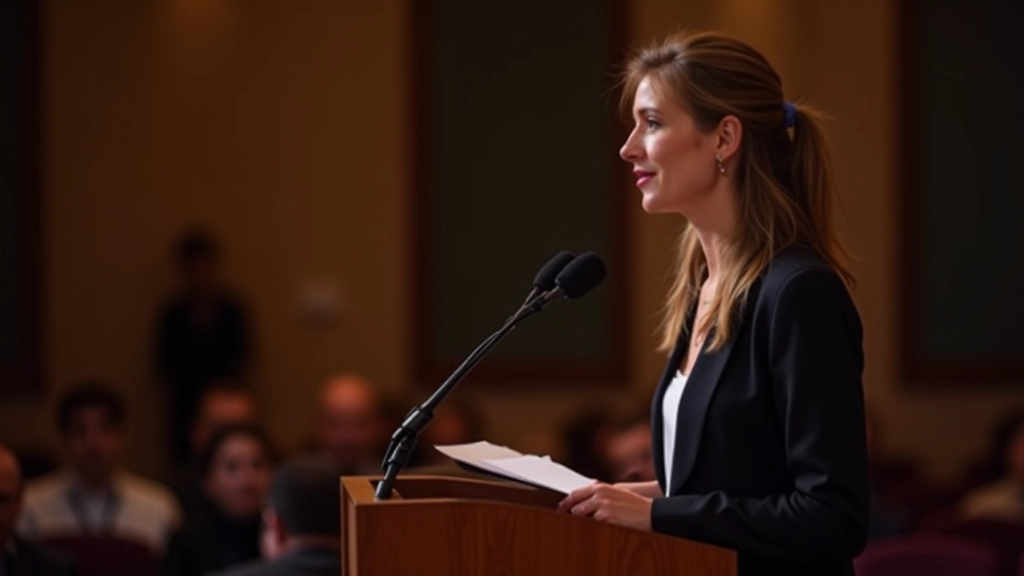 Donna che parla al microfono durante una conferenza con pubblico sullo sfondo